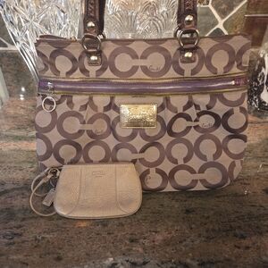 Coach Brown and Gold Women's Bag With Coach Gold Wristlet
